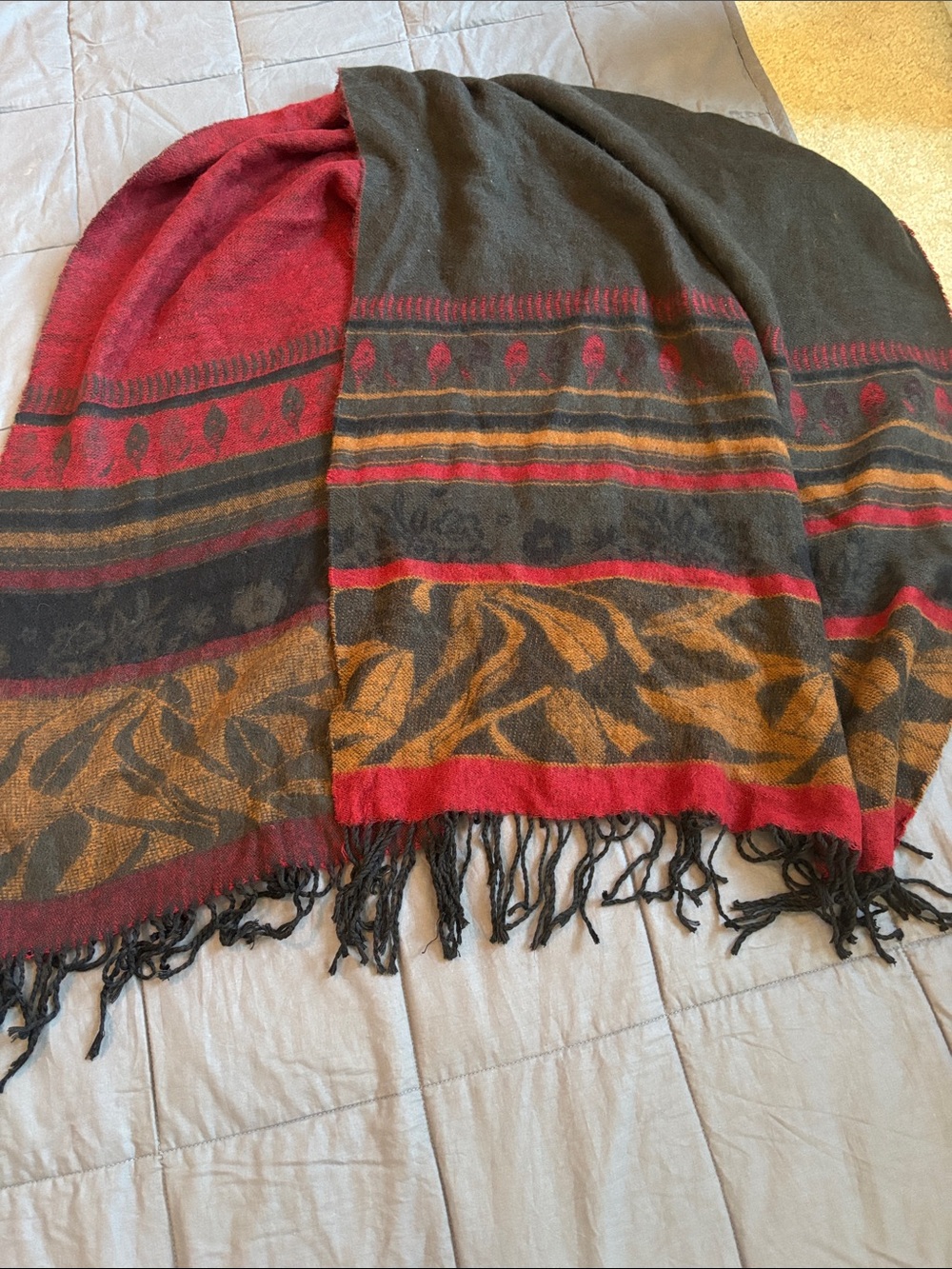 Red and Brown Patterned Fringe Wrap- very soft 25”x66”